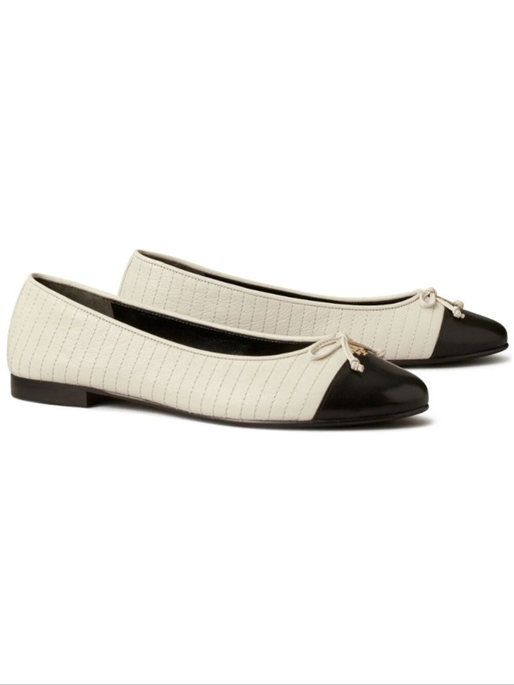 Tory Burch Quilted Cap Toe Ballet Flats Size 8.5 Cream Black Leather Bow NEW